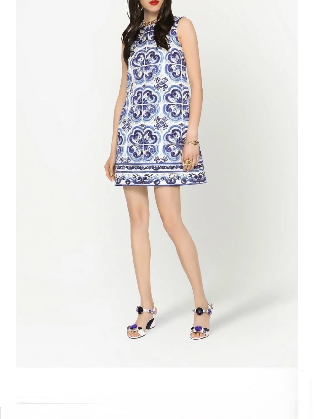 Dolce&Gabbana Blue White Majolica Tile Print Sleeveless Shift MiniDress IT44/US8